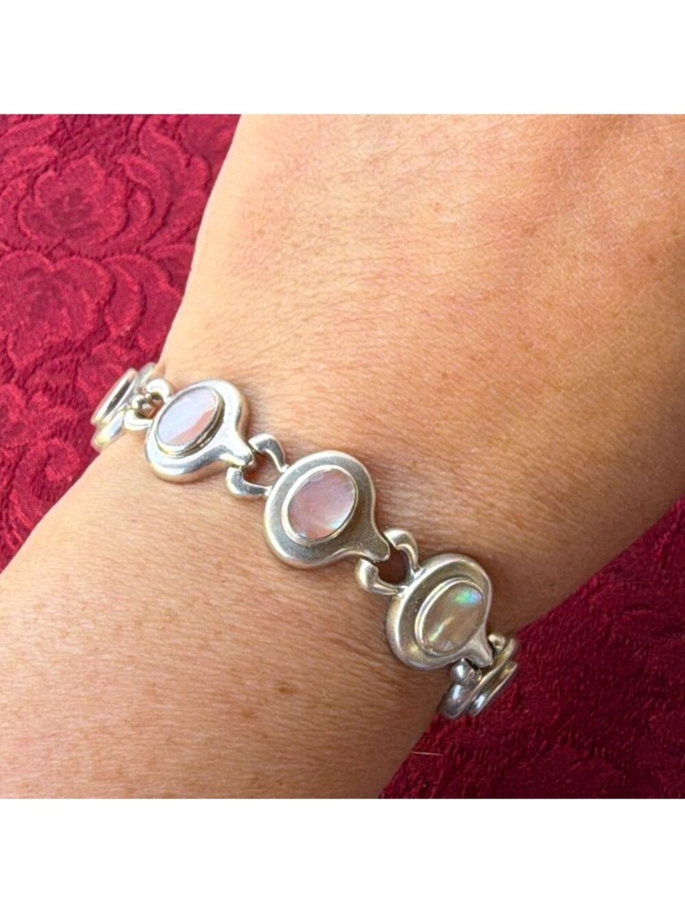 Vintage 925 Sterling Silver Pink Mother of Pearl MOP Oval Link Bracelet Thailand